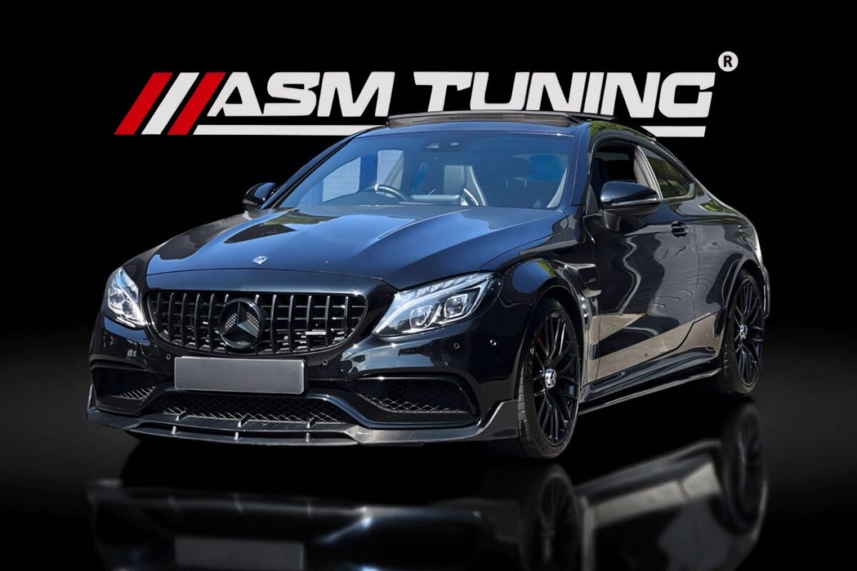 Mercedes C63 AMG Coupe W205 echipat cu splitter frontal, difuzor spate și eleron din carbon real – colecție ASM Tuning pentru performanță și stil sportiv