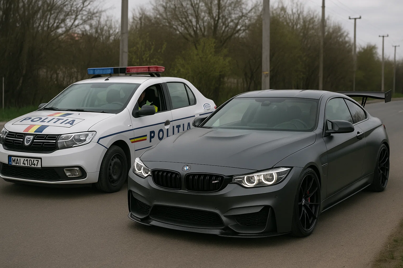 Autospecială de poliție oprită lângă un BMW sport modificat, pe un drum din România – verificare tehnică